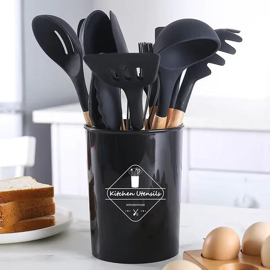 Silicone Kitchen Utensil Set with Wooden Handles